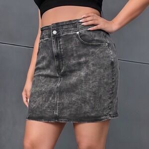 Express Womens Grey Acid Wash Denim Mini Skirt High Waist Stretch Size L